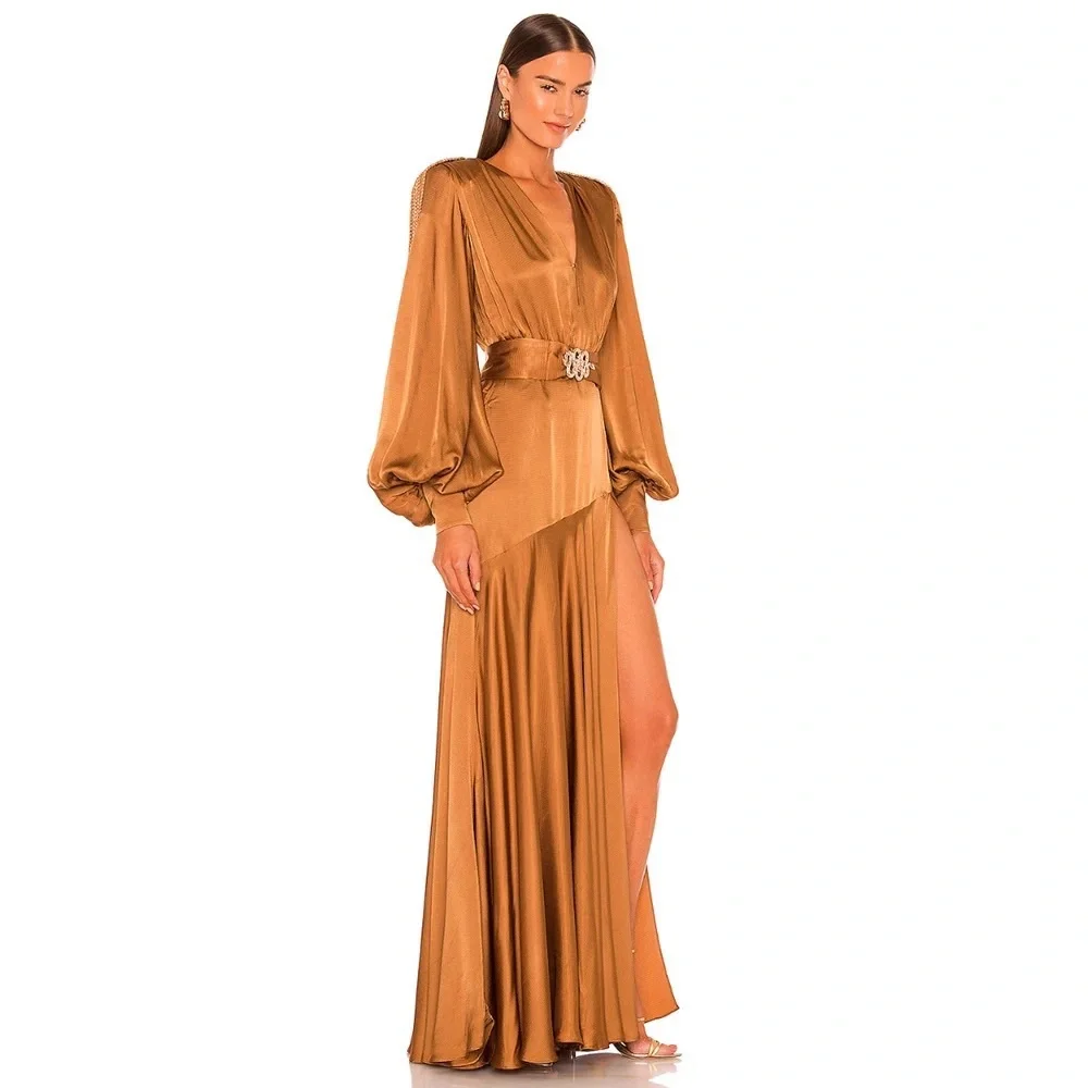 Lena Vie Drop Fall New High Quality Sexy V-Neck Pleated Lantern Sleeve Dress - Picture 2 of 13